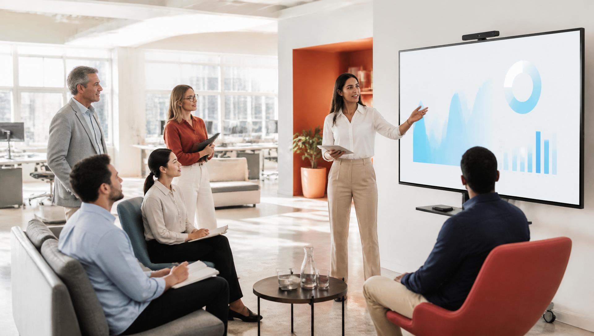 Bright modern workspace with a professional presentation on a large display